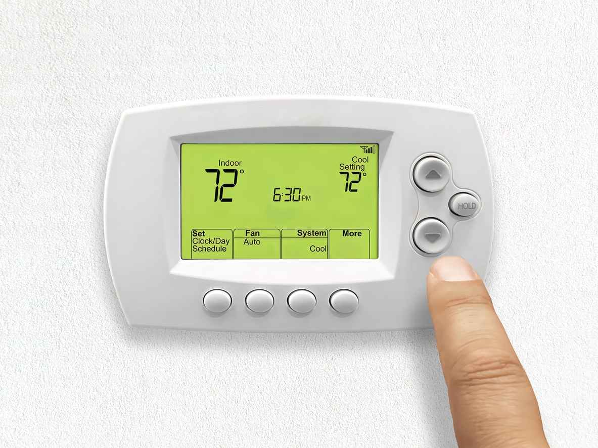 A person using a Home 7 Day Programmable Thermostat