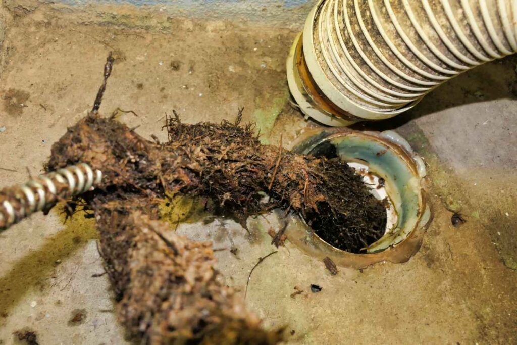 Roots being removed from a toilet drainage pipe using an electrically operated sewer snake or pipe cleaner